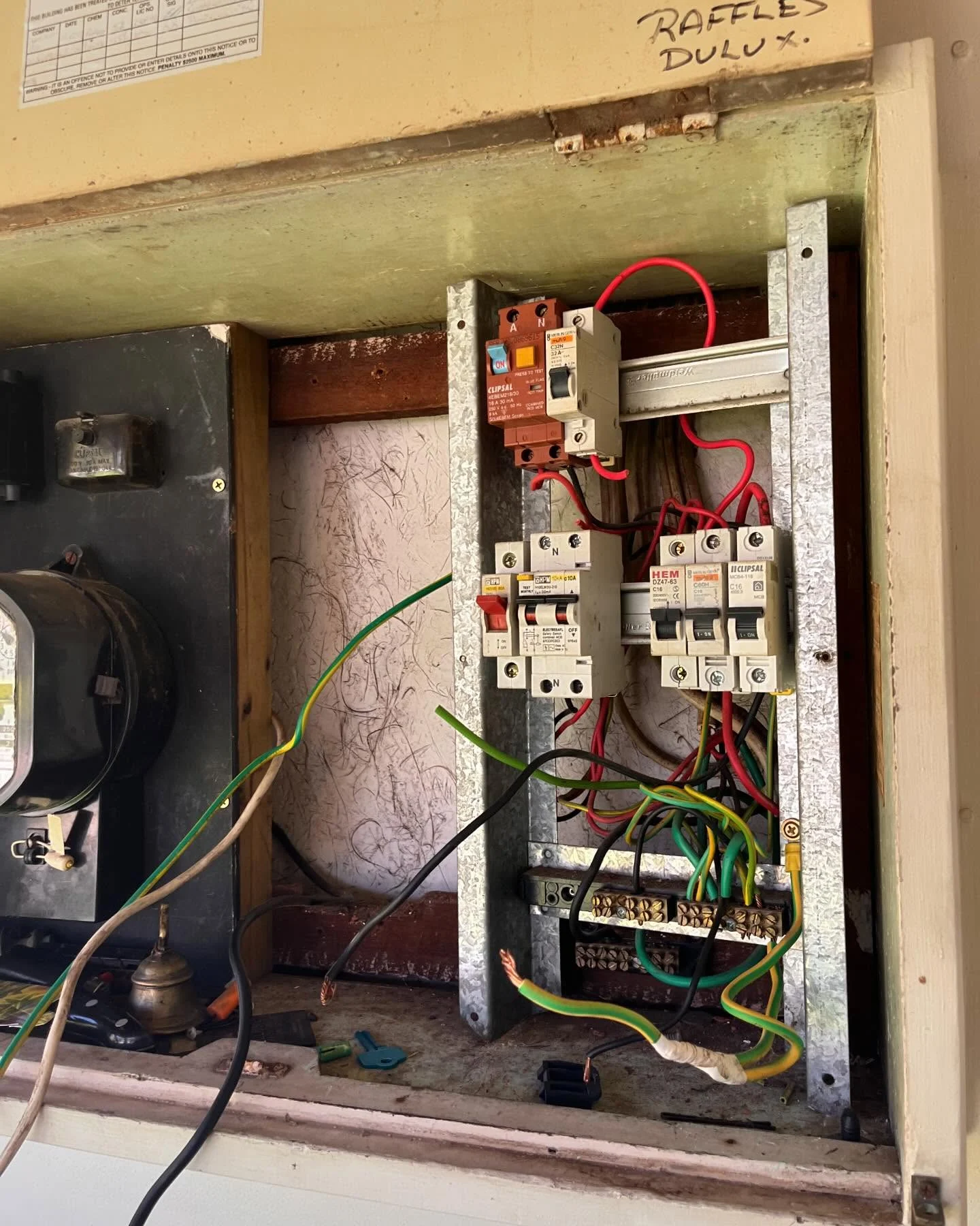 Older Perth meter box and switchboard opened up for inspection by Bolton EC